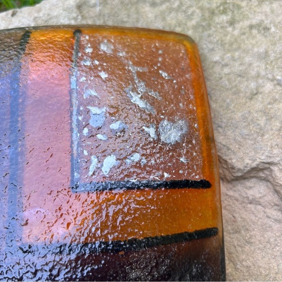 VINTAGE MCM 70s Glass 6" Square Ashtray Trinket Red Orange Silver Abstract Tray - Picture 8 of 11